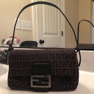 FENDI Vintage Brown Canvas Mini Monogram Zucchino Mama Baguette